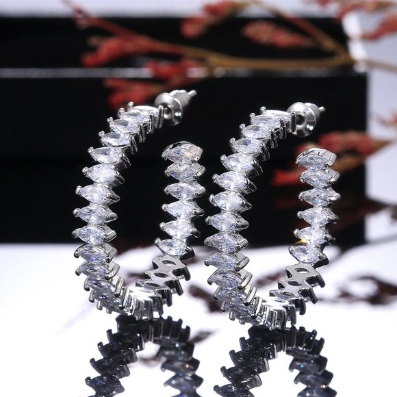 NEW Silver Marquis Diamond Inside Out Hoops - Picture 6 of 6